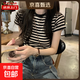港味復古條紋短袖t恤女夏季韓版設計感小眾顯瘦正肩短款KJY#A017# KJY#A017#黑色 XL 【111-122斤】