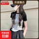 正肩短款t恤女短袖拼接修身上衣夏裝辣妹弧形下擺不規則KJY#A014# A014#灰色 M 【96斤以下】
