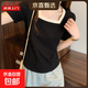 正肩t恤女短袖方領(lǐng)撞色胖mm大碼女裝顯瘦寬松遮肚子棉上衣RL#2218 KJY#2218#黑色 2XL 【130-150斤】