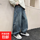 男大童冬裝牛仔褲2025新款中大童韓版一體絨保暖闊腿褲兒童直筒褲 藍色加絨 160
