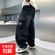 男童冬季一體絨牛仔褲2025新款中大童韓版字母印花工裝直筒褲冬裝 黑色加絨 170