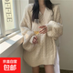 大碼中長(cháng)款加厚溫柔軟糯V領(lǐng)毛衣女寬松秋冬慵懶風(fēng)麻花針織衫外穿 杏色 2XL