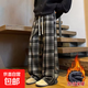 美式復古毛呢格子休閑褲男春秋季高腰顯瘦垂感拖地加絨加厚闊腿褲 黑色 加絨 3XL