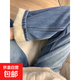 復古藍加絨加厚直筒牛仔褲女秋冬季大碼高腰寬松顯瘦闊腿長(cháng)褲 藍色 加絨 M
