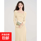 法式別致一字肩連衣裙2025秋冬季新款高級感氣質(zhì)內搭長(cháng)裙D4228LYT 瑩黃色 S