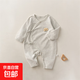 春秋款新生兒衣服嬰兒雙層護肚綁帶連體衣A類(lèi)無(wú)骨寶寶月子服貼身 麻灰 52cm