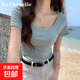 甜妹辣妹夏季ins正肩修身短款T恤休閑時尚顯瘦純欲韓版百搭上衣 藍色 L 建議：110斤-120斤