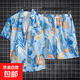 三亞旅游套裝2023夏季短袖男襯衫海邊沙灘度假休閑寬松短褲男裝潮 T3321藍色套裝 L