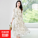 [水墨]杭派真絲連衣裙女年輕款碎花收腰V領(lǐng)桑蠶絲中長(cháng)裙 咸菜綠 M