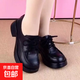 單鞋女2025秋季新款復古高跟鞋圓頭系帶百搭厚底英倫風(fēng)小皮鞋 黑色 35