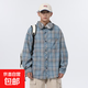 美式復古紅色格子襯衫男生情侶外套春秋款工裝長(cháng)袖內搭襯衣潮上衣 藍色 L