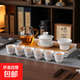功夫茶具套裝德化白瓷家用辦公泡懸停茶蓋碗陶瓷茶杯茶盤(pán)整套 10頭懸停高白瓷純白套裝（黃手柄玻璃海）+小竹面茶盤(pán)
