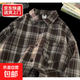 美式vibe格子襯衫男女春秋青少年百搭復古長(cháng)袖襯衣高街休閑襯衫男 咖啡色 M