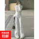 白色微喇叭牛仔褲女2026春秋新款高腰修身百搭顯瘦彈力拖地馬蹄褲 白色 常規 M