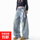 美式可拆卸方巾彎刀牛仔褲男款潮牌vibe高街水洗廓形baggy闊腿褲 藍色 XL