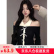 衣品元露肩長(cháng)袖設計感針織衫女2025秋新款小眾辣妹純欲風(fēng)蝴蝶結掛脖上衣 黑色 M （90斤以?xún)龋? title=