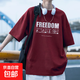 純棉短袖T恤男夏季新款休閑透氣字母寬松五分落肩袖潮流上衣半袖 酒紅色 100%純棉-DX-03 L (建議體重105-120斤左右）