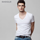 元本 男士休閑短袖T恤男修身性感深V領(lǐng)打底衫白色潮棉 白色 XS 165/88A