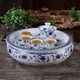 恒古（Heregur）潮汕功夫茶具套裝 10英寸 12英寸 陶瓷 圓形 儲(chǔ)水式茶盤 金青花 12英寸10件套蓋碗裝