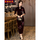 華族經(jīng)典旗袍春夏新款中式禮服禮儀旗袍裙晚禮服中長(cháng)款長(cháng)袖復古媽媽裝大碼 棗紅色 XXL