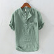 歌世爵夏季亞麻布薄款男士套頭麻衣襯衫棉麻料小立領(lǐng)短袖襯衣麻質(zhì)上衣服 綠色 XL