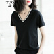 TUOSE新款百搭短袖T恤小心機v領(lǐng)上衣修身顯瘦黑色女夏裝休閑時(shí)尚新款 黑色 M