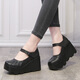 會(huì )易女鞋2023年春季新款松糕厚底女鞋坡跟單鞋淺口舒適防水臺女式皮鞋 黑色羊皮(真皮內里) 37