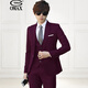 OMAX西裝男套裝韓版修身三件套商務(wù)休閑職業(yè)正裝西服新郎伴郎結婚禮服 酒紅一扣上衣+西褲+馬甲 185/XXXL（160-170斤左右）