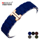 卓磊膠包鋼手表帶適配阿瑪尼AR5890 AR5905 AR5919表鏈男女蝴蝶扣手表配件 藍色玫金 23mm