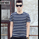 賓色夏季短袖t恤男黑白條紋棉日韓風(fēng)格圓領(lǐng)男士潮流男體恤上衣半袖男 深藍色 L 【115-130斤】