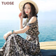 TUOSE韓版修身顯瘦雪紡連衣裙波西米亞海邊度假長(cháng)裙沙灘吊帶裙 黑底櫻花 L