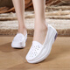 吧佰布頭層牛皮護士鞋女氣墊白色坡跟淺口醫護工作鞋圓頭低幫防滑單鞋 白色 38
