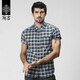 麻吉 MATCH 夏款短袖修身免燙細格子襯衫水洗透氣小尖領(lǐng)襯衣 G2213 藍格 M