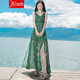西子美麗心情夏季女裝v領(lǐng)無(wú)袖吊帶雪紡長(cháng)裙連衣裙波西米亞海邊度假沙灘裙 綠色XZ16C362 L