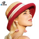 Mr DUCK輕奢高品馬達加斯加拉菲草帽女 防曬遮陽(yáng)帽 優(yōu)雅赫本風(fēng)紅色帽子 MS17002-勃艮紅(進(jìn)口拉菲草） M(適合55-58cm頭圍)