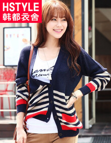 韩都衣舍 韩版2014春装新款女装<em>蝙蝠袖条纹开</em>