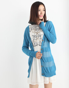 安都新款<em>女装</em>韩版渐变条纹修身<em>中长针织开衫</em>外