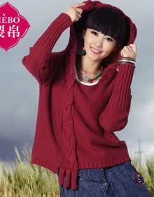 裂帛2014新款 连帽<em>套头针织</em>衫 红色<em>宽松大毛衣</em>