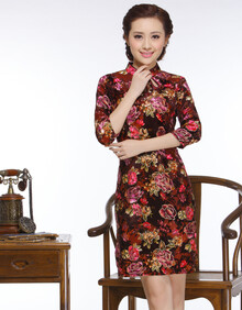 纤俐知 2015女士 真丝绒低开衩 短旗袍 复古改