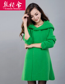 丝柏舍 2013秋冬新款女装 中长款<em>貂绒</em>大衣<em>连帽</em>