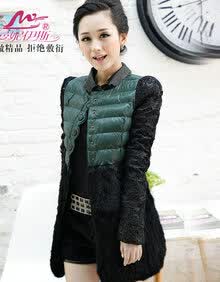 蕾丝PU皮袖 中长款<em>兔毛拼接</em>棉衣<em>外套</em> 女 棉服