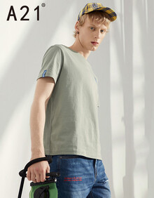 以纯线上品牌A21夏季2019男装短袖T恤 休闲百搭舒适印花圆领短袖T恤R492131037 浅灰绿 170/84A/M