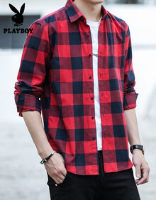 花花公子（PLAYBOY）春装 长袖衬衫男 韩版修身休闲男装青年新款潮流男士衬衣纯色免烫商务 红格子【建议拍大一码】 XL