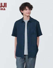无印良品（MUJI） 男式 麻 短袖衬衫 男士衬衣外套 AC9ABA4S 藏青色 XL(180/104A)