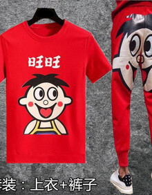 社会精神小伙短袖t恤男套装ins网红同款创意旺仔裤子两件一套衣服