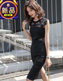 6161性感女装性感2019夏季黑色蕾丝拼接新款慵懒风紧身名媛包臀连衣裙