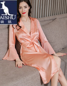 袋鼠长袖真丝睡袍女2021春夏100%桑蚕丝性感睡衣丝绸浴袍可外穿家居服