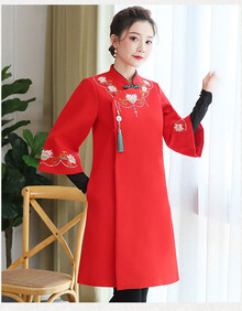 拜年服成人女秋冬旗袍加厚过年喜庆唐装舞台元旦演出服 成人红色 xl
