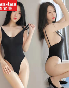 三角高叉连体衣丁字性感冰丝开裆日系塑身衣女泳衣死库水 黑色开档