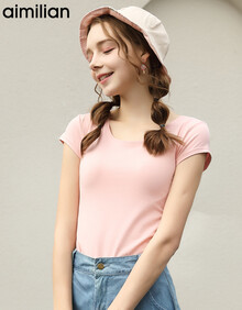 艾米恋 短袖T恤女 2019夏季季修身纯色女装圆领半袖上衣简约t恤 丁香粉(圆领) XXL